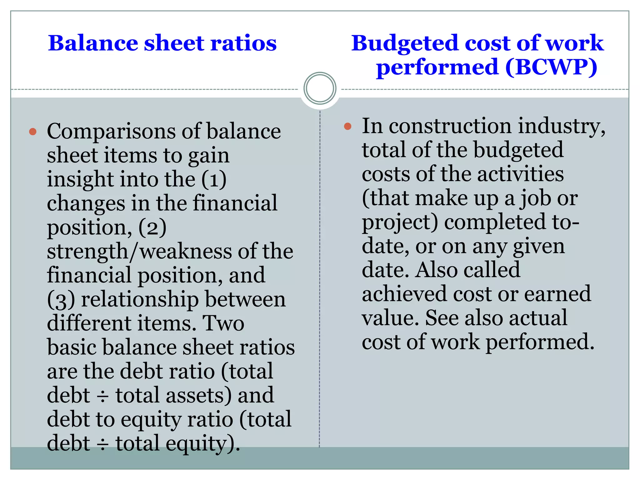 Balance sheet ratios
 Comparisons of balance
sheet items to gain
insight into the (1)
changes in the financial
position, (2)
strength/weakness of the
financial position, and
(3) relationship between
different items. Two
basic balance sheet ratios
are the debt ratio (total
debt ÷ total assets) and
debt to equity ratio (total
debt ÷ total equity).
Budgeted cost of work
performed (BCWP)
 In construction industry,
total of the budgeted
costs of the activities
(that make up a job or
project) completed to-
date, or on any given
date. Also called
achieved cost or earned
value. See also actual
cost of work performed.
 