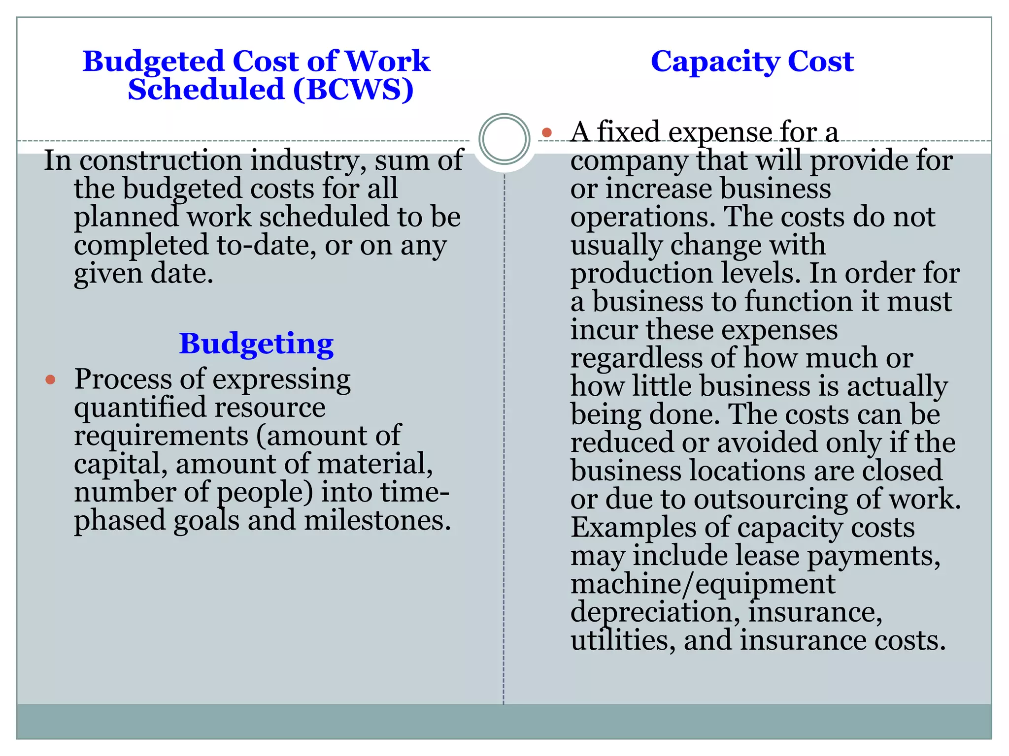 Budgeted Cost of Work
Scheduled (BCWS)
In construction industry, sum of
the budgeted costs for all
planned work scheduled to be
completed to-date, or on any
given date.
Budgeting
 Process of expressing
quantified resource
requirements (amount of
capital, amount of material,
number of people) into time-
phased goals and milestones.
Capacity Cost
 A fixed expense for a
company that will provide for
or increase business
operations. The costs do not
usually change with
production levels. In order for
a business to function it must
incur these expenses
regardless of how much or
how little business is actually
being done. The costs can be
reduced or avoided only if the
business locations are closed
or due to outsourcing of work.
Examples of capacity costs
may include lease payments,
machine/equipment
depreciation, insurance,
utilities, and insurance costs.
 