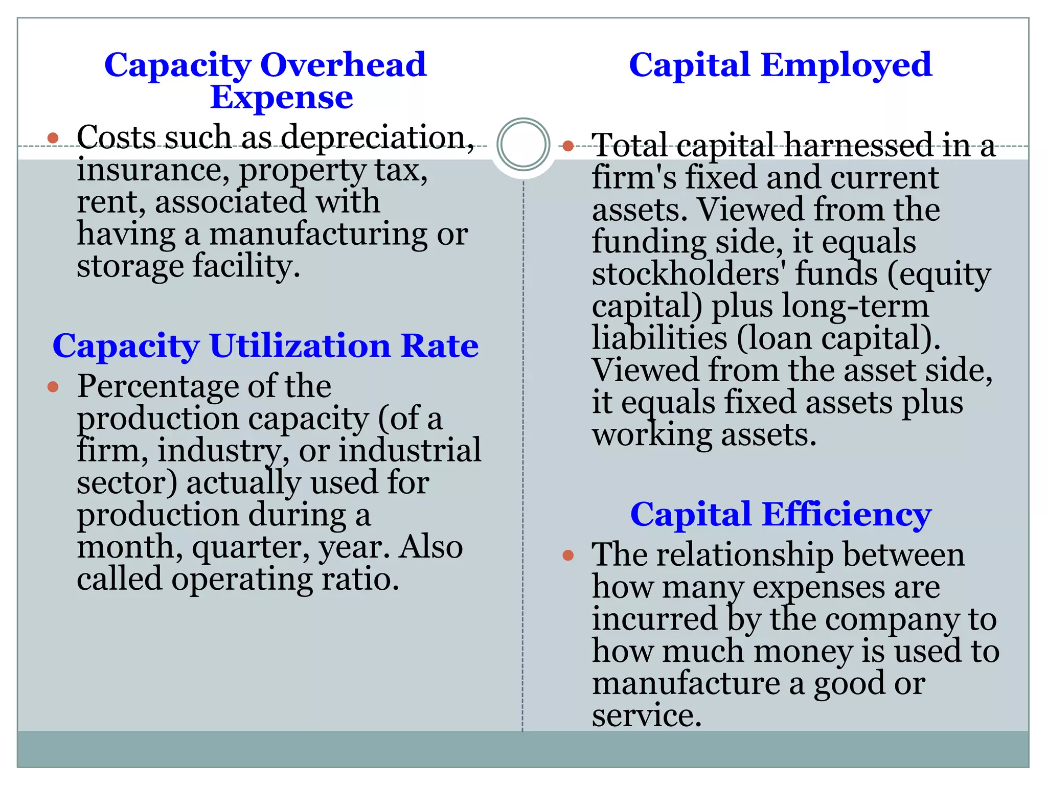 Capacity Overhead
Expense
 Costs such as depreciation,
insurance, property tax,
rent, associated with
having a manufacturing or
storage facility.
Capacity Utilization Rate
 Percentage of the
production capacity (of a
firm, industry, or industrial
sector) actually used for
production during a
month, quarter, year. Also
called operating ratio.
Capital Employed
 Total capital harnessed in a
firm's fixed and current
assets. Viewed from the
funding side, it equals
stockholders' funds (equity
capital) plus long-term
liabilities (loan capital).
Viewed from the asset side,
it equals fixed assets plus
working assets.
Capital Efficiency
 The relationship between
how many expenses are
incurred by the company to
how much money is used to
manufacture a good or
service.
 
