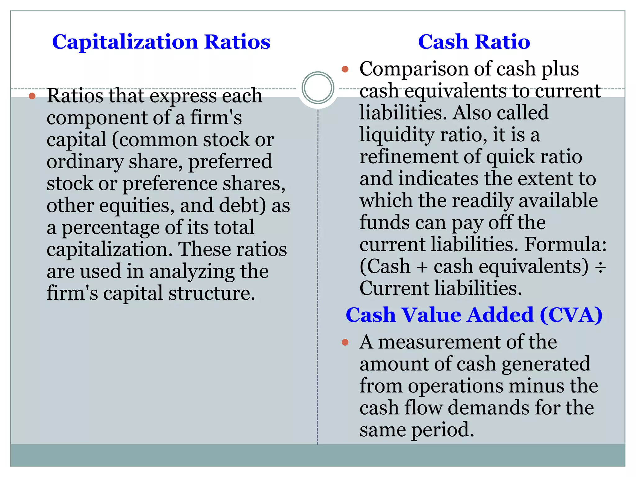 Capitalization Ratios
 Ratios that express each
component of a firm's
capital (common stock or
ordinary share, preferred
stock or preference shares,
other equities, and debt) as
a percentage of its total
capitalization. These ratios
are used in analyzing the
firm's capital structure.
Cash Ratio
 Comparison of cash plus
cash equivalents to current
liabilities. Also called
liquidity ratio, it is a
refinement of quick ratio
and indicates the extent to
which the readily available
funds can pay off the
current liabilities. Formula:
(Cash + cash equivalents) ÷
Current liabilities.
Cash Value Added (CVA)
 A measurement of the
amount of cash generated
from operations minus the
cash flow demands for the
same period.
 