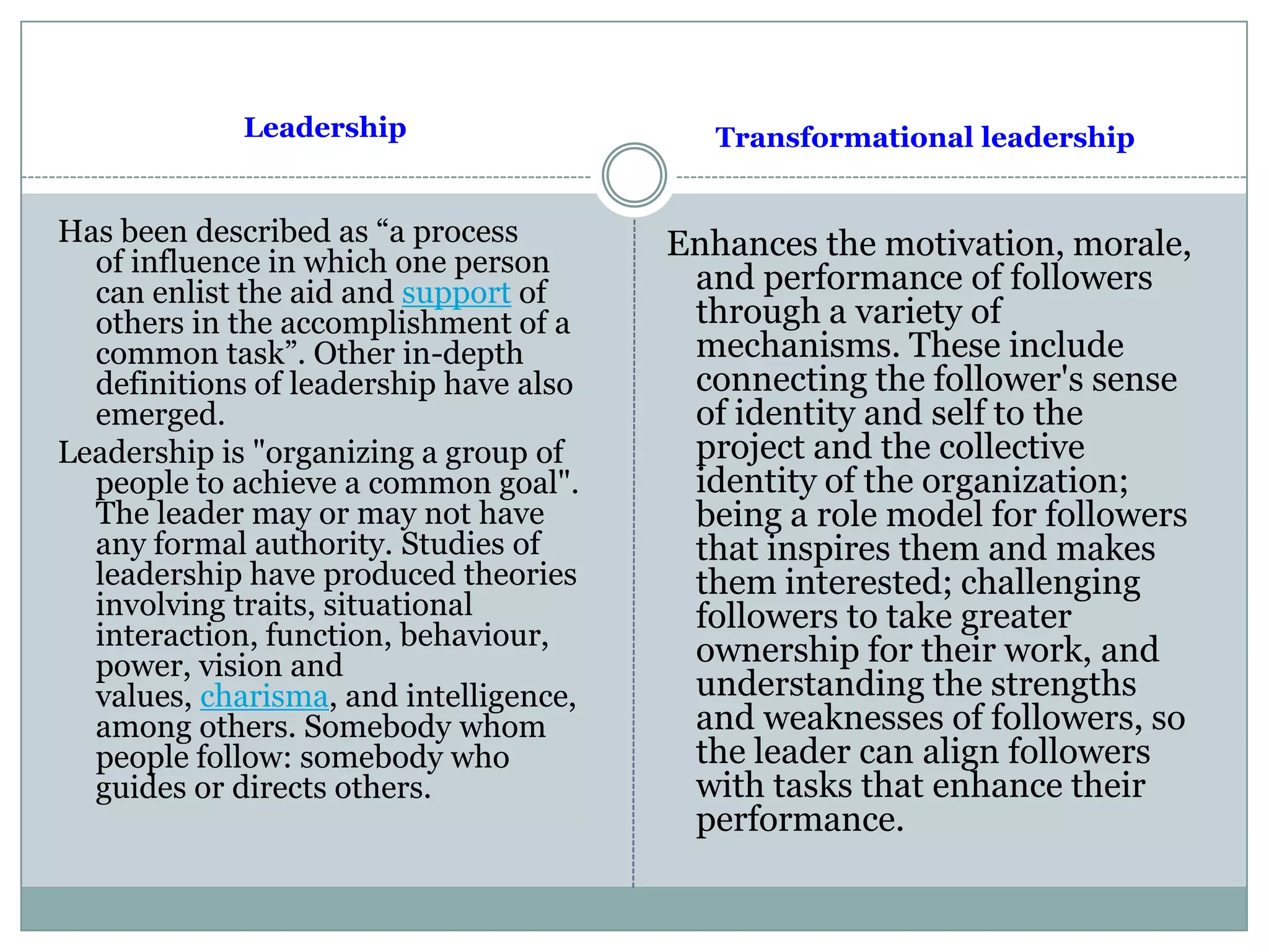 Leadership
Has been described as “a process
of influence in which one person
can enlist the aid and support of
others in the accomplishment of a
common task”. Other in-depth
definitions of leadership have also
emerged.
Leadership is "organizing a group of
people to achieve a common goal".
The leader may or may not have
any formal authority. Studies of
leadership have produced theories
involving traits, situational
interaction, function, behaviour,
power, vision and
values, charisma, and intelligence,
among others. Somebody whom
people follow: somebody who
guides or directs others.
Transformational leadership
Enhances the motivation, morale,
and performance of followers
through a variety of
mechanisms. These include
connecting the follower's sense
of identity and self to the
project and the collective
identity of the organization;
being a role model for followers
that inspires them and makes
them interested; challenging
followers to take greater
ownership for their work, and
understanding the strengths
and weaknesses of followers, so
the leader can align followers
with tasks that enhance their
performance.
 