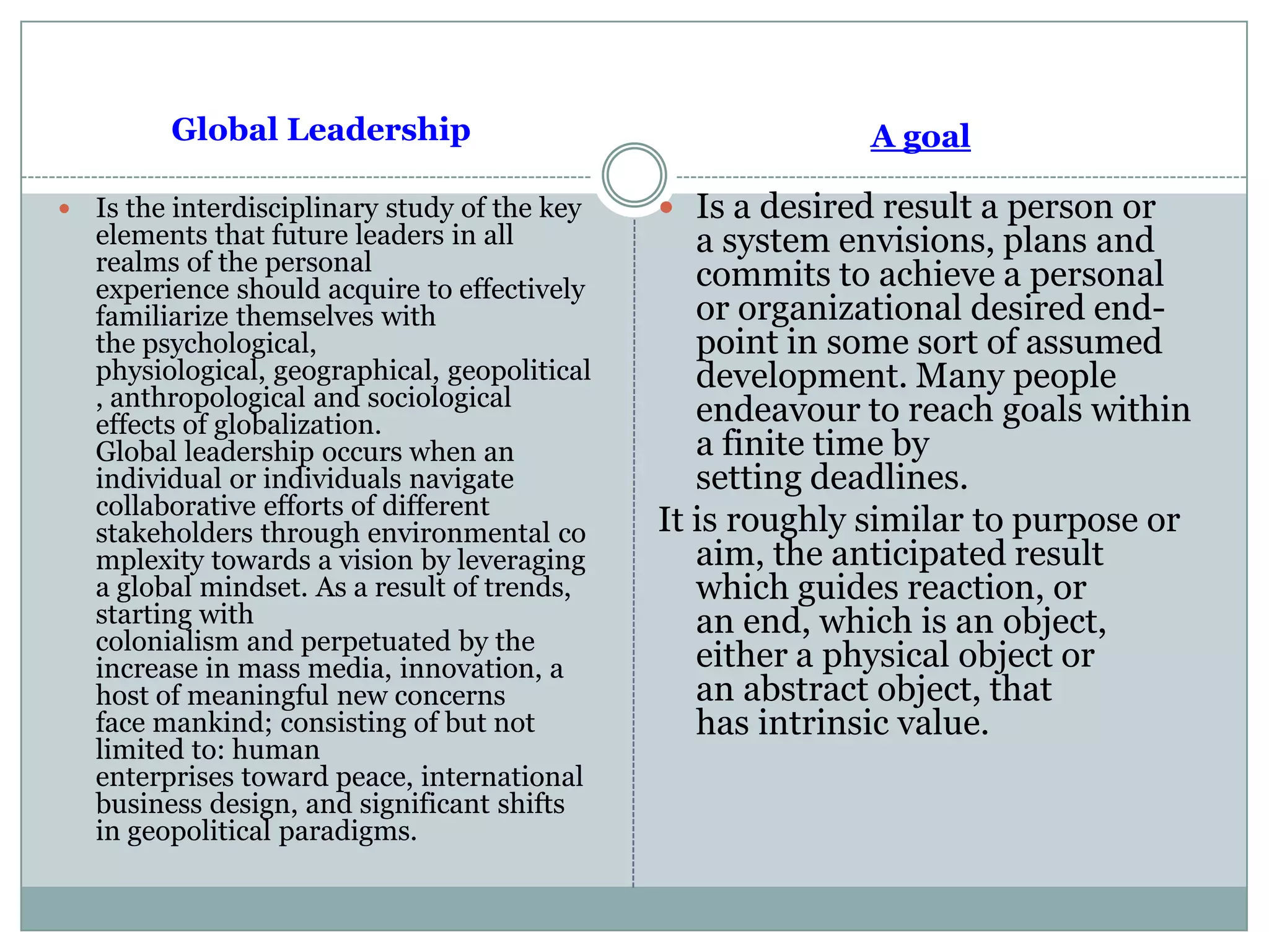 Global Leadership
 Is the interdisciplinary study of the key
elements that future leaders in all
realms of the personal
experience should acquire to effectively
familiarize themselves with
the psychological,
physiological, geographical, geopolitical
, anthropological and sociological
effects of globalization.
Global leadership occurs when an
individual or individuals navigate
collaborative efforts of different
stakeholders through environmental co
mplexity towards a vision by leveraging
a global mindset. As a result of trends,
starting with
colonialism and perpetuated by the
increase in mass media, innovation, a
host of meaningful new concerns
face mankind; consisting of but not
limited to: human
enterprises toward peace, international
business design, and significant shifts
in geopolitical paradigms.
A goal
 Is a desired result a person or
a system envisions, plans and
commits to achieve a personal
or organizational desired end-
point in some sort of assumed
development. Many people
endeavour to reach goals within
a finite time by
setting deadlines.
It is roughly similar to purpose or
aim, the anticipated result
which guides reaction, or
an end, which is an object,
either a physical object or
an abstract object, that
has intrinsic value.
 