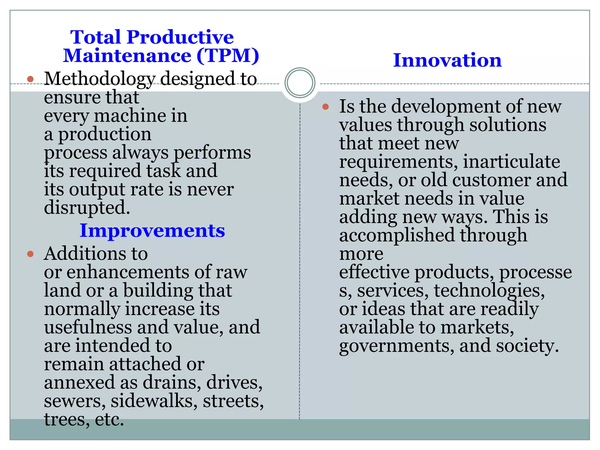 Total Productive
Maintenance (TPM)
 Methodology designed to
ensure that
every machine in
a production
process always performs
its required task and
its output rate is never
disrupted.
Improvements
 Additions to
or enhancements of raw
land or a building that
normally increase its
usefulness and value, and
are intended to
remain attached or
annexed as drains, drives,
sewers, sidewalks, streets,
trees, etc.
Innovation
 Is the development of new
values through solutions
that meet new
requirements, inarticulate
needs, or old customer and
market needs in value
adding new ways. This is
accomplished through
more
effective products, processe
s, services, technologies,
or ideas that are readily
available to markets,
governments, and society.
 