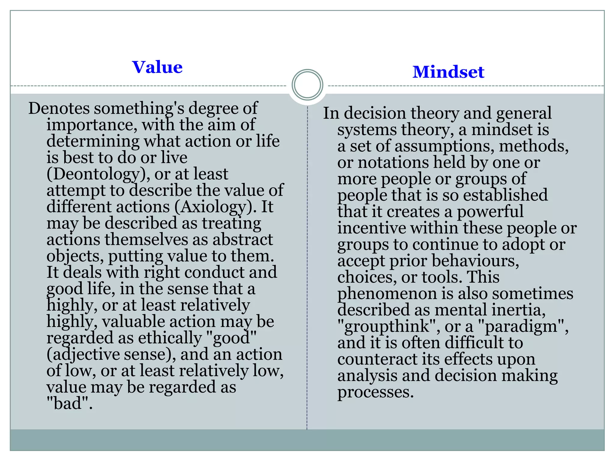 Value
Denotes something's degree of
importance, with the aim of
determining what action or life
is best to do or live
(Deontology), or at least
attempt to describe the value of
different actions (Axiology). It
may be described as treating
actions themselves as abstract
objects, putting value to them.
It deals with right conduct and
good life, in the sense that a
highly, or at least relatively
highly, valuable action may be
regarded as ethically "good"
(adjective sense), and an action
of low, or at least relatively low,
value may be regarded as
"bad".
Mindset
In decision theory and general
systems theory, a mindset is
a set of assumptions, methods,
or notations held by one or
more people or groups of
people that is so established
that it creates a powerful
incentive within these people or
groups to continue to adopt or
accept prior behaviours,
choices, or tools. This
phenomenon is also sometimes
described as mental inertia,
"groupthink", or a "paradigm",
and it is often difficult to
counteract its effects upon
analysis and decision making
processes.
 