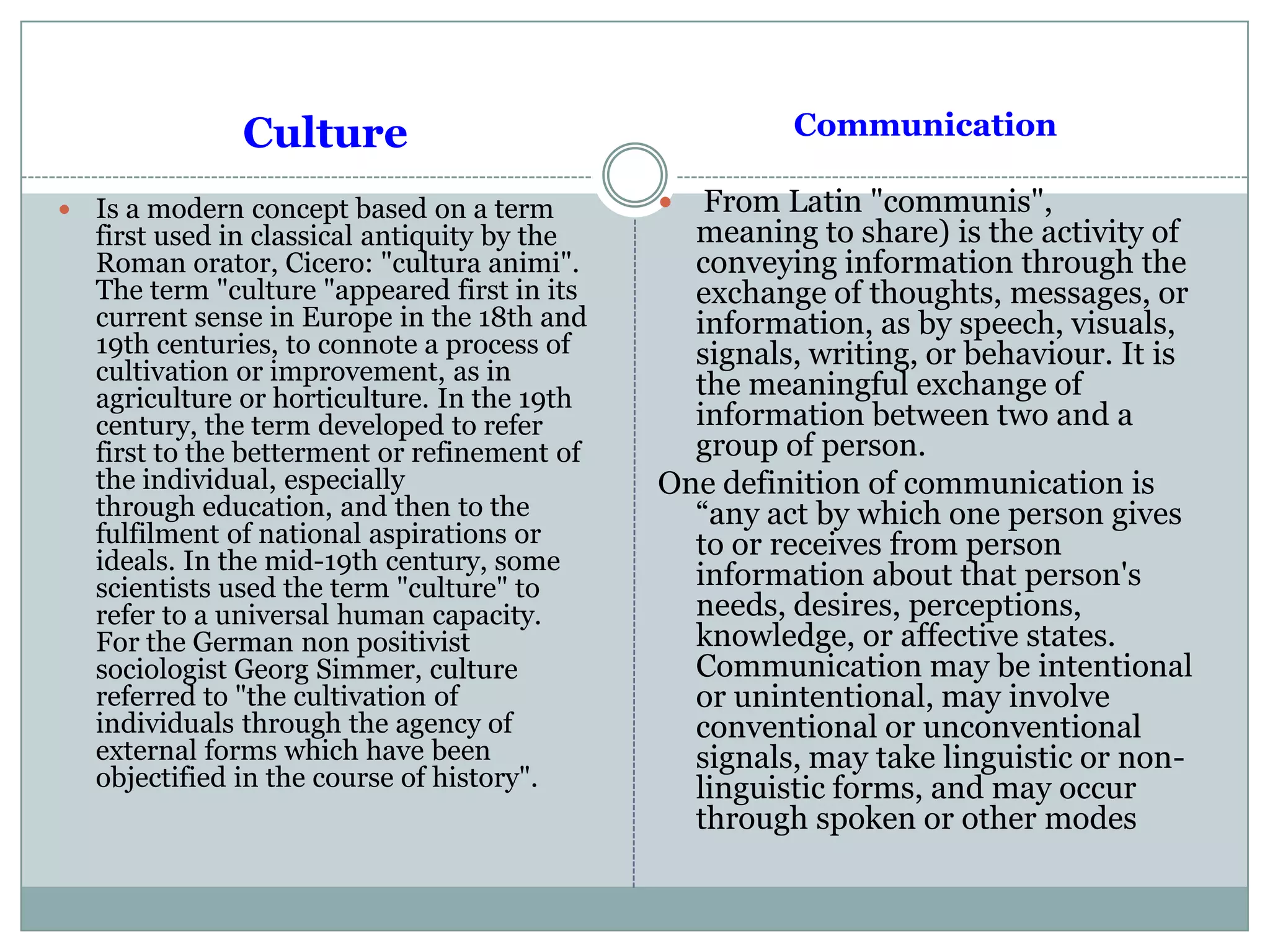 Culture
 Is a modern concept based on a term
first used in classical antiquity by the
Roman orator, Cicero: "cultura animi".
The term "culture "appeared first in its
current sense in Europe in the 18th and
19th centuries, to connote a process of
cultivation or improvement, as in
agriculture or horticulture. In the 19th
century, the term developed to refer
first to the betterment or refinement of
the individual, especially
through education, and then to the
fulfilment of national aspirations or
ideals. In the mid-19th century, some
scientists used the term "culture" to
refer to a universal human capacity.
For the German non positivist
sociologist Georg Simmer, culture
referred to "the cultivation of
individuals through the agency of
external forms which have been
objectified in the course of history".
Communication
 From Latin "communis",
meaning to share) is the activity of
conveying information through the
exchange of thoughts, messages, or
information, as by speech, visuals,
signals, writing, or behaviour. It is
the meaningful exchange of
information between two and a
group of person.
One definition of communication is
“any act by which one person gives
to or receives from person
information about that person's
needs, desires, perceptions,
knowledge, or affective states.
Communication may be intentional
or unintentional, may involve
conventional or unconventional
signals, may take linguistic or non-
linguistic forms, and may occur
through spoken or other modes
 