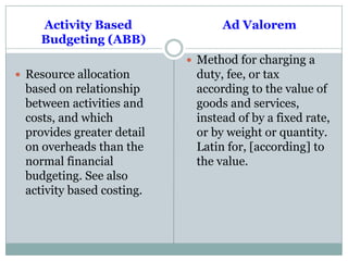 Activity Based
Budgeting (ABB)
 Resource allocation
based on relationship
between activities and
costs, and which
provides greater detail
on overheads than the
normal financial
budgeting. See also
activity based costing.
Ad Valorem
 Method for charging a
duty, fee, or tax
according to the value of
goods and services,
instead of by a fixed rate,
or by weight or quantity.
Latin for, [according] to
the value.
 