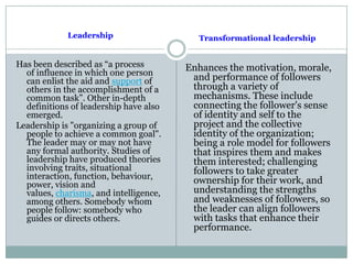 Leadership
Has been described as “a process
of influence in which one person
can enlist the aid and support of
others in the accomplishment of a
common task”. Other in-depth
definitions of leadership have also
emerged.
Leadership is "organizing a group of
people to achieve a common goal".
The leader may or may not have
any formal authority. Studies of
leadership have produced theories
involving traits, situational
interaction, function, behaviour,
power, vision and
values, charisma, and intelligence,
among others. Somebody whom
people follow: somebody who
guides or directs others.
Transformational leadership
Enhances the motivation, morale,
and performance of followers
through a variety of
mechanisms. These include
connecting the follower's sense
of identity and self to the
project and the collective
identity of the organization;
being a role model for followers
that inspires them and makes
them interested; challenging
followers to take greater
ownership for their work, and
understanding the strengths
and weaknesses of followers, so
the leader can align followers
with tasks that enhance their
performance.
 