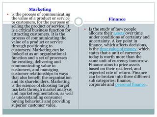 Marketing
 is the process of communicating
the value of a product or service
to customers, for the purpose of
selling the product or service. It
is a critical business function for
attracting customers. It is the
process of communicating the
value of a product or service
through positioning to
customers. Marketing can be
looked at as an organizational
function and a set of processes
for creating, delivering and
communicating value to
customers, and managing
customer relationships in ways
that also benefit the organisation
and its shareholders. Marketing
is the science of choosing target
markets through market analysis
and market segmentation, as well
as understanding consumer
buying behaviour and providing
superior customer value.
Finance
 Is the study of how people
allocate their assets over time
under conditions of certainty and
uncertainty. A key point in
finance, which affects decisions,
is the time value of money, which
states that a unit of currency
today is worth more than the
same unit of currency tomorrow.
Finance aims to price assets
based on their risk level, and
expected rate of return. Finance
can be broken into three different
sub categories: finance,
corporate and personal finance.
 