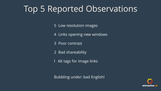 Top 5 Reported Observations
5 Low resolution images
4 Links opening new windows
3 Poor contrast
2 Bad shareability
1 Alt tags for image links
Bubbling under: bad English!
 