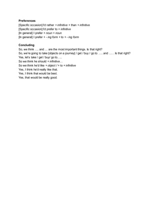 Preferences
[Specific occasion] I’d rather + infinitive + than + infinitive
[Specific occasion] I’d prefer to + infinitive
[In general] I prefer + noun + noun
[In general] I prefer + - ing form + to + - ing form
Concluding
So, we think …. and … are the most important things. Is that right?
So, we’re going to take [objects on a journey] / get / buy / go to …. and …. . Is that right?
Yes, let’s take / get / buy/ go to…..
So we think he should + infinitive…
So we think he’d like + object / + to + infinitive
Yes, I think he’d really like that.
Yes, I think that would be best.
Yes, that would be really good.
 