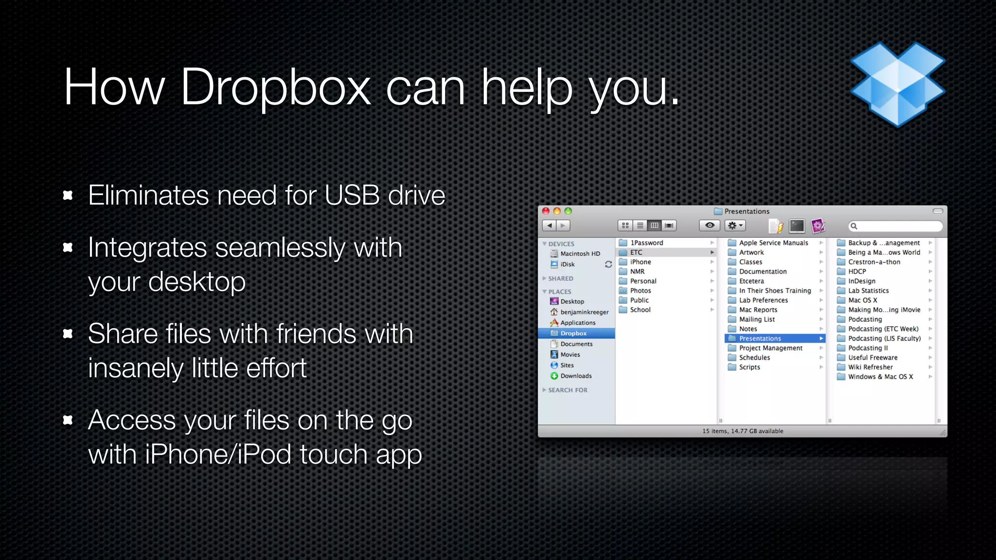 How Dropbox can help you.
 Eliminates need for USB drive
 Integrates seamlessly with
 your desktop
 Share ﬁles with friends with
 insanely little effort
 Access your ﬁles on the go
 with iPhone/iPod touch app
 