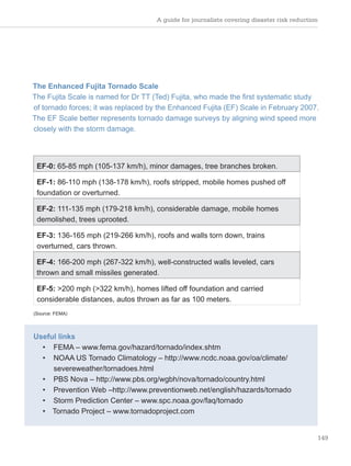 A guide for journalists covering disaster risk reduction
149
The Enhanced Fujita Tornado Scale
The Fujita Scale is named for Dr TT (Ted) Fujita, who made the first systematic study
of tornado forces; it was replaced by the Enhanced Fujita (EF) Scale in February 2007.
The EF Scale better represents tornado damage surveys by aligning wind speed more
closely with the storm damage.
EF-0: 65-85 mph (105-137 km/h), minor damages, tree branches broken.
EF-1: 86-110 mph (138-178 km/h), roofs stripped, mobile homes pushed off
foundation or overturned.
EF-2: 111-135 mph (179-218 km/h), considerable damage, mobile homes
demolished, trees uprooted.
EF-3: 136-165 mph (219-266 km/h), roofs and walls torn down, trains
overturned, cars thrown.
EF-4: 166-200 mph (267-322 km/h), well-constructed walls leveled, cars
thrown and small missiles generated.
EF-5: >200 mph (>322 km/h), homes lifted off foundation and carried
considerable distances, autos thrown as far as 100 meters.
(Source: FEMA)
Useful links
• FEMA – www.fema.gov/hazard/tornado/index.shtm
• NOAA US Tornado Climatology – http://www.ncdc.noaa.gov/oa/climate/
severeweather/tornadoes.html
• PBS Nova – http://www.pbs.org/wgbh/nova/tornado/country.html
• Prevention Web –http://www.preventionweb.net/english/hazards/tornado
• Storm Prediction Center – www.spc.noaa.gov/faq/tornado
• Tornado Project – www.tornadoproject.com
 