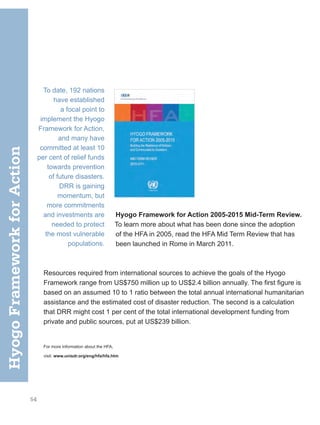 54
Hyogo Framework for Action 2005-2015 Mid-Term Review.
To learn more about what has been done since the adoption
of the HFA in 2005, read the HFA Mid Term Review that has
been launched in Rome in March 2011.
To date, 192 nations
have established
a focal point to
implement the Hyogo
Framework for Action,
and many have
committed at least 10
per cent of relief funds
towards prevention
of future disasters.
DRR is gaining
momentum, but
more commitments
and investments are
needed to protect
the most vulnerable
populations.
Hyogo
Framework
for
Action
Resources required from international sources to achieve the goals of the Hyogo
Framework range from US$750 million up to US$2.4 billion annually. The first figure is
based on an assumed 10 to 1 ratio between the total annual international humanitarian
assistance and the estimated cost of disaster reduction. The second is a calculation
that DRR might cost 1 per cent of the total international development funding from
private and public sources, put at US$239 billion.
For more information about the HFA,
visit: www.unisdr.org/eng/hfa/hfa.htm
 