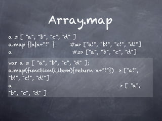 Array.map
a = [ "a", "b", "c", "d" ]
a.map {|x|x+"!" }       #=> ["a!", "b!", "c!", "d!"]
a                       #=> ["a", "b", "c", "d"]

var a = [ "a", "b", "c", "d" ];
a.map(function(i,item){return x+”!”}) > ["a!",
"b!", "c!", "d!"]
a                                           > [ "a",
"b", "c", "d" ]
 
