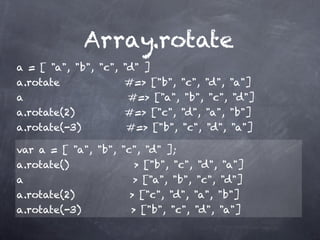 Array.rotate
a = [ "a", "b", "c", "d" ]
a.rotate             #=> ["b", "c", "d", "a"]
a                    #=> ["a", "b", "c", "d"]
a.rotate(2)          #=> ["c", "d", "a", "b"]
a.rotate(-3)         #=> ["b", "c", "d", "a"]

var a = [ "a", "b", "c", "d" ];
a.rotate()             > ["b", "c", "d", "a"]
a                      > ["a", "b", "c", "d"]
a.rotate(2)           > ["c", "d", "a", "b"]
a.rotate(-3)          > ["b", "c", "d", "a"]
 