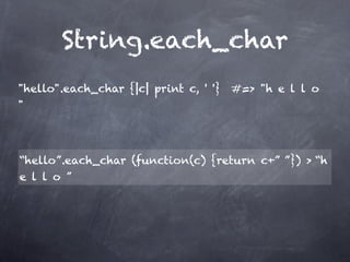 String.each_char

"hello".each_char {|c| print c, ' '} #=> "h e l l o
"




“hello”.each_char (function(c) {return c+” ”}) > “h
e l l o ”
 