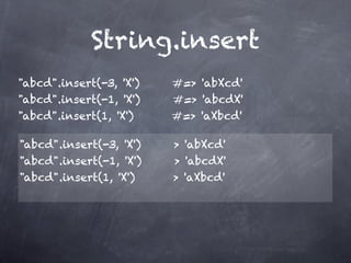 String.insert
"abcd".insert(-3, 'X')   #=> 'abXcd'
"abcd".insert(-1, 'X')   #=> 'abcdX'
"abcd".insert(1, 'X')    #=> 'aXbcd'

"abcd".insert(-3, 'X')   > 'abXcd'
"abcd".insert(-1, 'X')   > 'abcdX'
"abcd".insert(1, 'X')    > 'aXbcd'
 