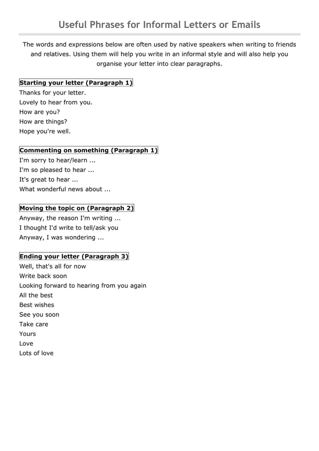 Useful phrases for informal letters or emails | DOCX