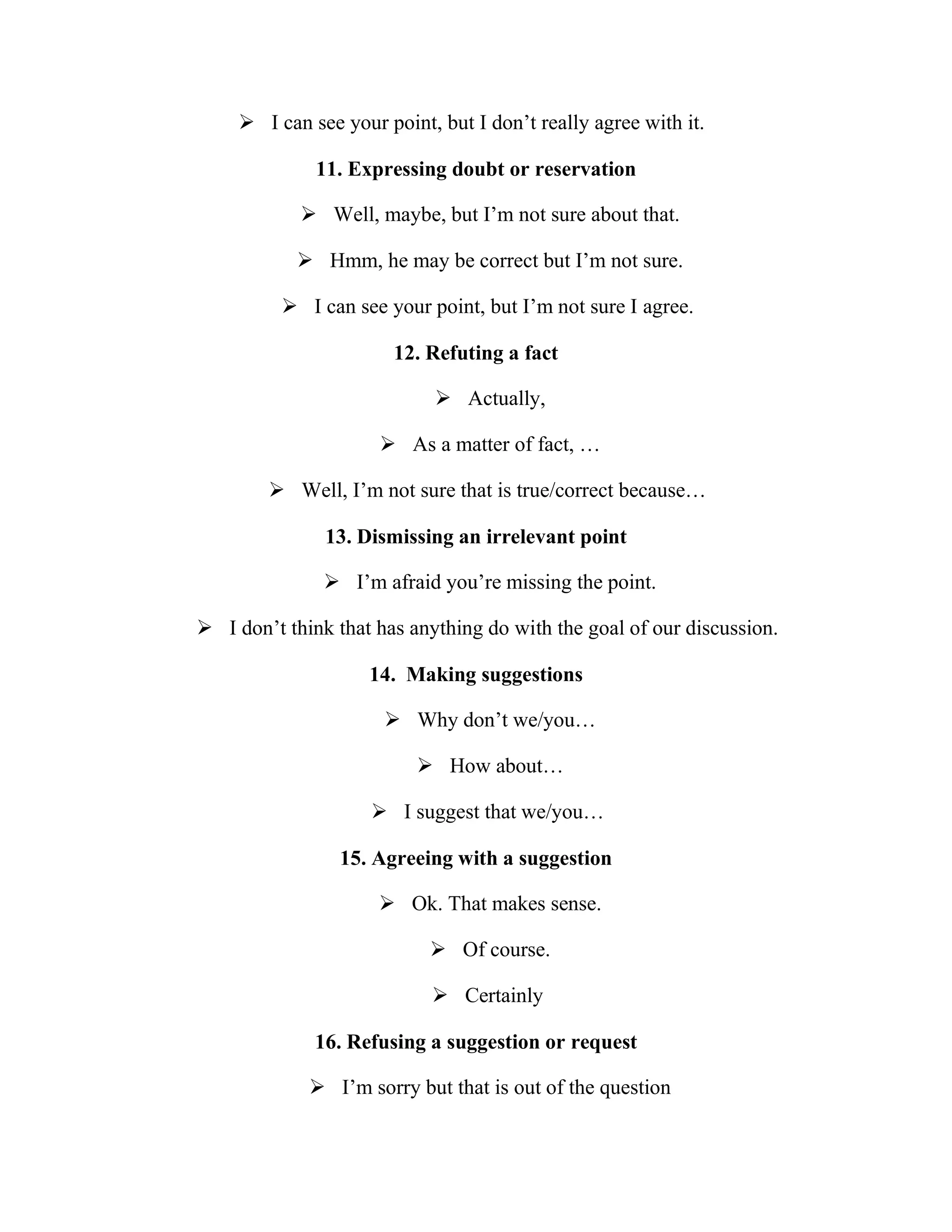  I can see your point, but I don’t really agree with it.

              11. Expressing doubt or reservation

             Well, maybe, but I’m not sure about that.

            Hmm, he may be correct but I’m not sure.

           I can see your point, but I’m not sure I agree.

                       12. Refuting a fact

                             Actually,

                      As a matter of fact, …

         Well, I’m not sure that is true/correct because…

               13. Dismissing an irrelevant point

                I’m afraid you’re missing the point.

 I don’t think that has anything do with the goal of our discussion.

                    14. Making suggestions

                       Why don’t we/you…

                           How about…

                     I suggest that we/you…

                 15. Agreeing with a suggestion

                      Ok. That makes sense.

                            Of course.

                            Certainly

              16. Refusing a suggestion or request

              I’m sorry but that is out of the question
 