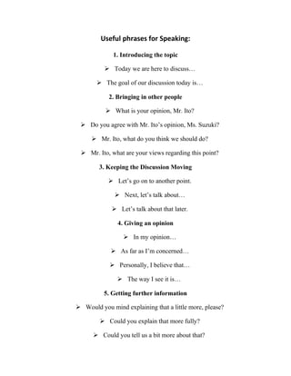 Useful phrases for Speaking:

             1. Introducing the topic

           Today we are here to discuss…

        The goal of our discussion today is…

            2. Bringing in other people

            What is your opinion, Mr. Ito?

  Do you agree with Mr. Ito’s opinion, Ms. Suzuki?

      Mr. Ito, what do you think we should do?

  Mr. Ito, what are your views regarding this point?

        3. Keeping the Discussion Moving

             Let’s go on to another point.

               Next, let’s talk about…

              Let’s talk about that later.

               4. Giving an opinion

                  In my opinion…

              As far as I’m concerned…

             Personally, I believe that…

                The way I see it is…

          5. Getting further information

 Would you mind explaining that a little more, please?

         Could you explain that more fully?

       Could you tell us a bit more about that?
 