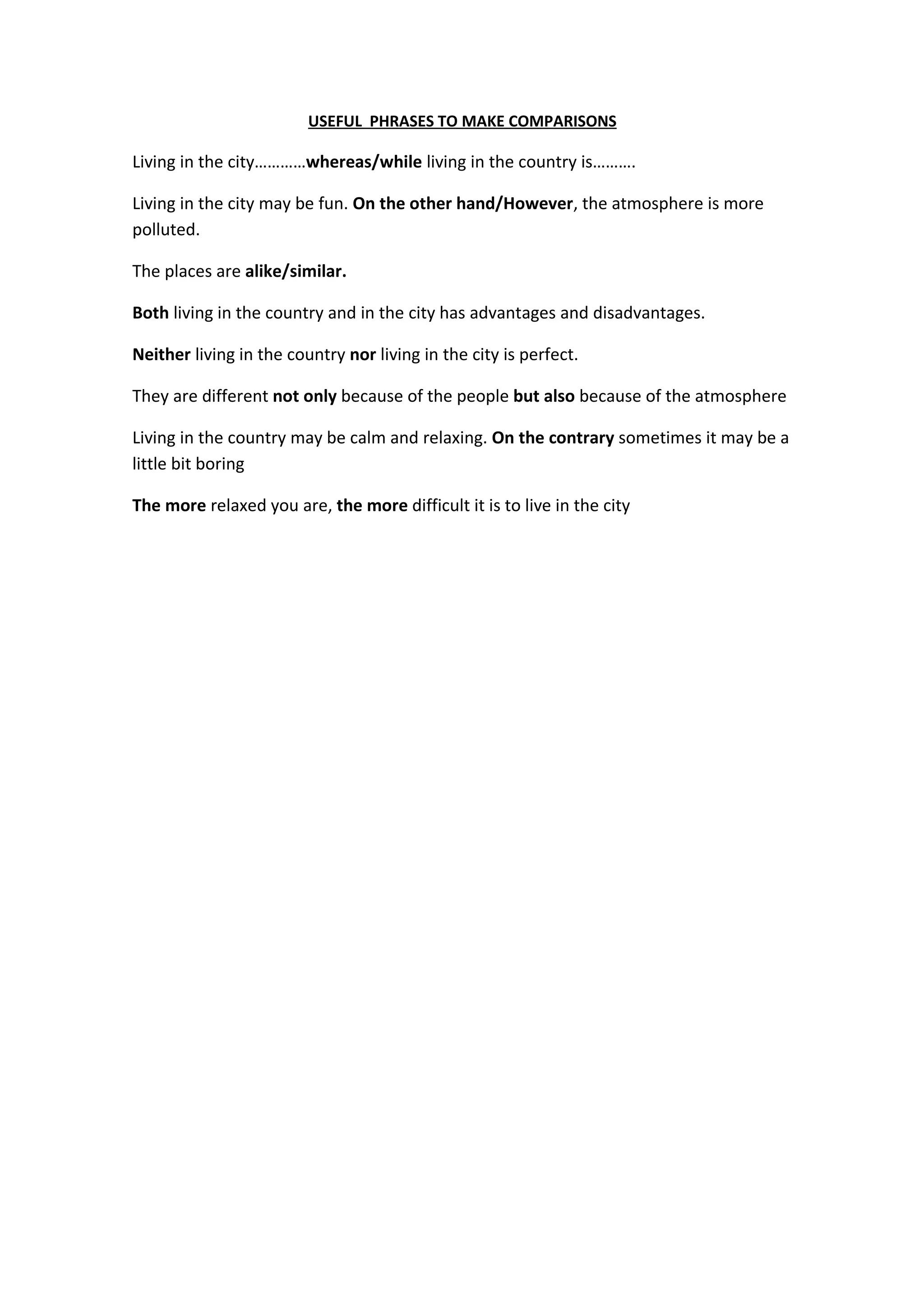 USEFUL PHRASES TO MAKE COMPARISONS
Living in the city…………whereas/while living in the country is……….
Living in the city may be fun. On the other hand/However, the atmosphere is more
polluted.
The places are alike/similar.
Both living in the country and in the city has advantages and disadvantages.
Neither living in the country nor living in the city is perfect.
They are different not only because of the people but also because of the atmosphere
Living in the country may be calm and relaxing. On the contrary sometimes it may be a
little bit boring
The more relaxed you are, the more difficult it is to live in the city