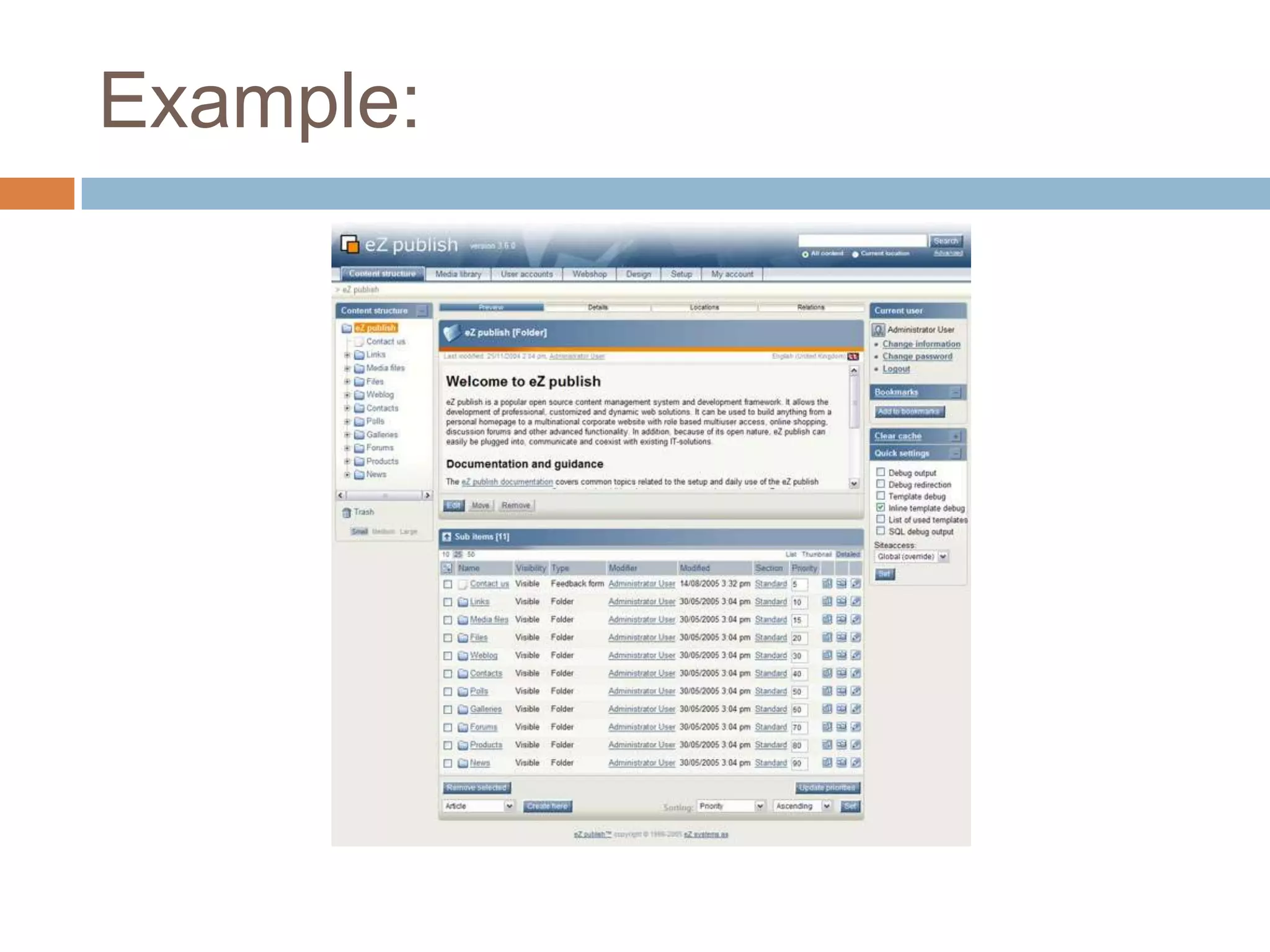 KrangKrang is an open-source content-management system designed to publish magazine websites. It is a Perl application which uses Apache/mod_perl and MySQL, as well as numerous CPAN modules.FeaturesKrang provides a simple story and media editing environment for magazine editors as well as a complete template development environment for web designers. Krang comes bundled with it's own Apache, mod_perl, mod_ssl and a copy of every CPAN module it uses.By default Krang publishes out static HTML documents and media files which can then be served by any old webserver. But you could publish XML, PHP, generated Perl scripts, HTML::Template templates, .htaccess files and others.Krang also has the concept of different story types, so in your element library you could define blog posts, petitions, image galleries, surveys, etc. Not easy to install, takes some time to learn