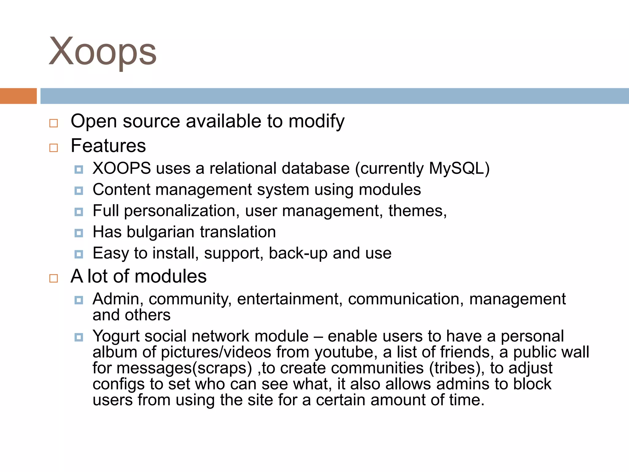 Ez PublisheZ Publish is an open source enterprise content management systemFeatureseZ Publish is freely available under the GPL licence, as well as under proprietary licenses that include commercial supporteZ Publish is written in PHP. The recommended web server is Apache. Database: MySQL, PostgreSQL, Microsoft SQL Server, and Oracle.Typical applications range from a personal homepage to a multilingual corporate website, which include role-based multi-user access, e-commerce functions and online communities. It also features a rich-text editor that allows formatting content similar to a word processor. This enables content editing and contribution without HTML skillsStandard content types supported include: text, articles, news, information pages, folders, products, reviews, directory of links, multimedia (all standard formats such as JPEG images and GIF; also supports video, Quicktime, MS Media Player, Flash ), audio, documents (MS office documents in Word, Excel and Powerpoint;. pdf, Open Office, etc.) and LDAP integration..In eZ publish, a page on a website has two components:The node or location