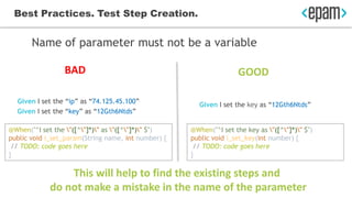 Best Practices. Test Step Creation.
This will help to find the existing steps and
do not make a mistake in the name of the...