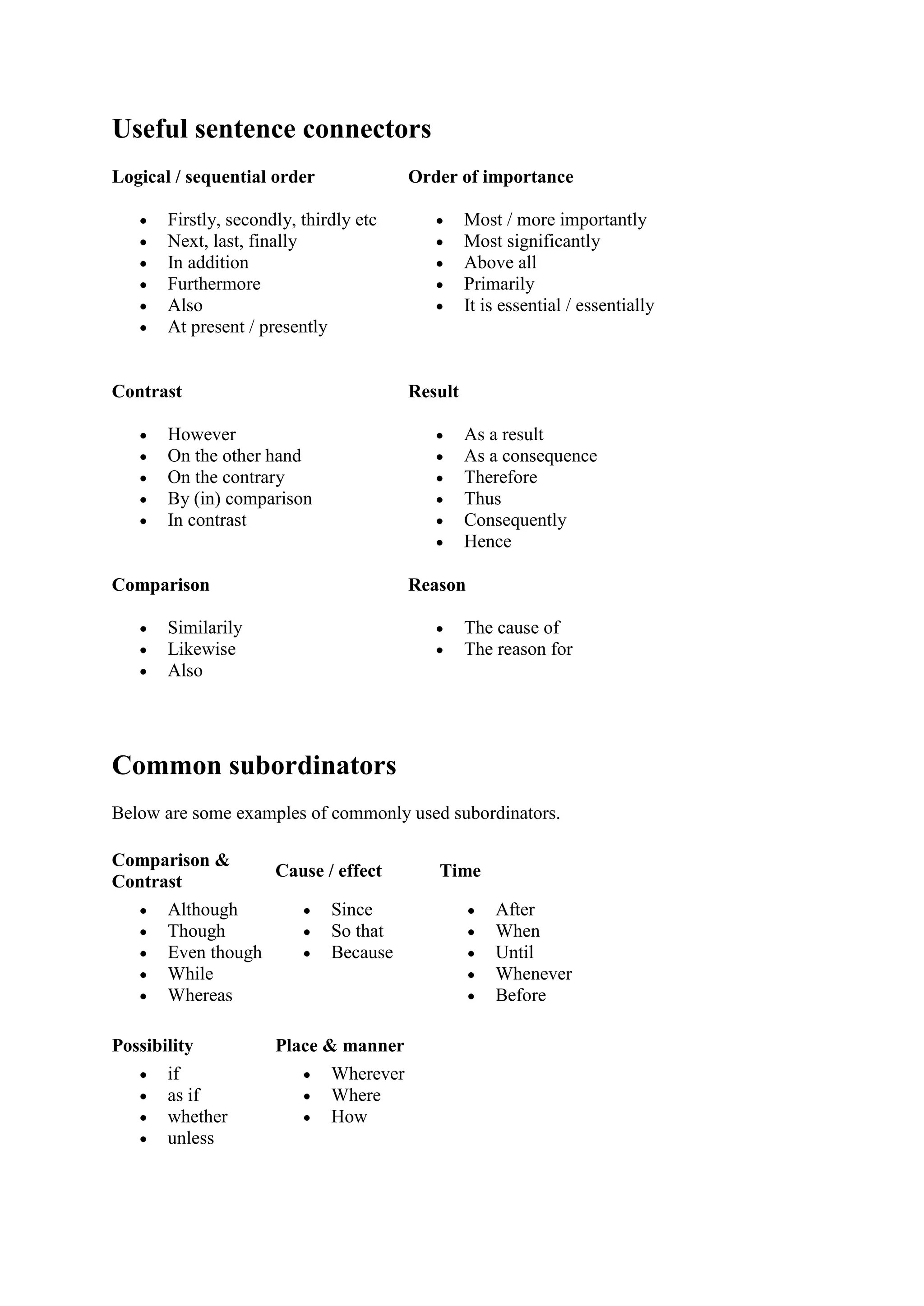 Useful sentence connectors | DOCX