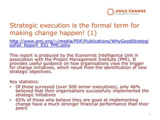 Strategic execution is the formal term for
making change happen! (1)
http://www.pmi.org/~/media/PDF/Publications/WhyGoodSt...