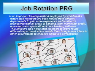 Is an important training method employed by world banks
where staff members are been moved from different
departments to gain more experience and familiarize
themselves with all areas of banking, from marketing, credit,
operations and application of core banking software.
This initiative also helps staff members to move round
different department which enable them bring in new ideas to
other departments to enhance employee performance.
 