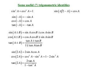Some useful (?) trigonometric identities
2 2
sin cos 1A A+ = ( )sin 2 cosA Aπ − =
( )sin sinA A− =−
( )cos cosA A− =
( )tan tanA A− =−
( )sin sin cos cos sinA B A B A B±= ±
( )cos cos cos sin sinA B A B A B± = 
( )
tan tan
tan
1 tan tan
A B
A B
A B
±
± =

( )sin 2 2sin cosA A A=
( ) 2 2 2
cos 2 cos sin 1 2sinA A A A= − =−
( ) 2
2tan
tan 2
1 tan
A
A
A
=
−
 
