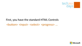 First, you have the standard HTML Controls
<button> <input> <select> <progress> ...
 