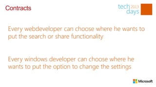 Contracts


Every webdeveloper can choose where he wants to
put the search or share functionality


Every windows developer can choose where he
wants to put the option to change the settings
 