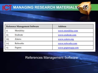 MANAGING RESEARCH MATERIALS
References Management Software
 