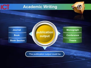 Academic Writing
publication
output
The publication output could be
Journal
Book
Book Section
Monograph
Conference
Thesis
 