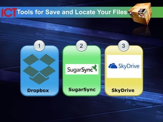 Tools for Save and Locate Your Files
1
Dropbox
2
SugarSync
3
SkyDrive
 