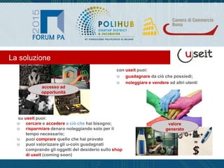 su useit puoi:
cercare e accedere a ciò che hai bisogno;
risparmiare denaro noleggiando solo per il
tempo necessario;
puoi comprare quello che hai provato
puoi valorizzare gli u-coin guadagnati
comprando gli oggetti del desiderio sullo shop
di useit (coming soon)
accesso ad
opportunità
valore
generato
con useit puoi:
guadagnare da ciò che possiedi;
noleggiare e vendere ad altri utenti
La soluzione
 