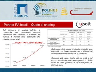 Partner PA locali – Quote di sharing
Sul perimetro di sharing definito, la
community sarà remunerata secondo
percentuali che crescono in funzione del
numero di membri della community che
diventano user attivi.
Sulla base delle quote di sharing indicate, una
comunità con 5.000 membri che si affiliano ad
UseIt sarà remunerata con ca. 50 mila euro.
Comunità più vaste, tipiche del no profit e del
mondo istituzionale, che raggiungeranno i 15miila
iscritti ad UseIt, godranno di un ritorno pari a ca.
200 mila euro.
…. A CONTI FATTI, IN UN BIENNIO …
 