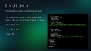 Read (Lists)
Related Data as Displayable List
Output directly to UI
a
s
a
list of v
a
lues with no
need to inter
a
ct with or loop through the d
a
t
a
.
• FOR JSON PATH
• STRING_AGG
• XML PATH
{
"data": [
{
"showId": 70104894,
"title": "Friday the 13th",
"type": "Movie",
"releaseYear": 2009,
"rating": "R",
"durationMinutes": 97,
"durationSeasons": 0,
"dateAdded": "2020-01-01",
"categories": "Horror Movies",
"cast": "Aaron Yoo, Jonathan Sadowski, Derek Mears, Arlen Escarpeta, Danielle
Panabaker, Amanda Righetti, Ryan Hansen, Travis Van Winkle, Julianna Guill, Ben Feldman,
Jared Padalecki",
"directors": "Marcus Nispel"
},
{
"showId": 70140450,
"title": "The IT Crowd",
"type": "TV Show",
"releaseYear": 2013,
"rating": "TV-MA",
"durationMinutes": 0,
"durationSeasons": 5,
"dateAdded": "2017-08-01",
"categories": "British TV Shows, Classic & Cult TV, International TV Shows",
"cast": "Richard Ayoade, Katherine Parkinson, Matt Berry, Chris O'Dowd"
}
],
"error": false,
"pagination": {
"totalPages": 1,
"maxRows": 0,
"offset": 0,
"page": 1,
"totalRecords": 0
},
"messages": []
}
 