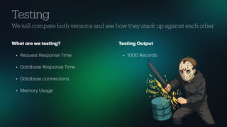 Testing
We will compare both versions and see how they stack up against each other.
Wh
a
t
a
re we testing?
• Request Response Time
• D
a
t
a
b
a
se Response Time
• D
a
t
a
b
a
se connections
• Memory Us
a
ge
Testing Output
• 1000 Records
 