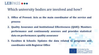 Which university bodies are involved and how?
1. Office of Provost: Acts as the main coordinator of the service and
proces...