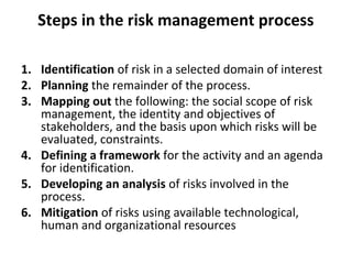 Steps in the risk management process
1. Identification of risk in a selected domain of interest
2. Planning the remainder of the process.
3. Mapping out the following: the social scope of risk
management, the identity and objectives of
stakeholders, and the basis upon which risks will be
evaluated, constraints.
4. Defining a framework for the activity and an agenda
for identification.
5. Developing an analysis of risks involved in the
process.
6. Mitigation of risks using available technological,
human and organizational resources
 