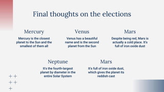 Final thoughts on the elections
Mercury
Mercury is the closest
planet to the Sun and the
smallest of them all
Despite being red, Mars is
actually a cold place. It's
full of iron oxide dust
Mars
Venus
Venus has a beautiful
name and is the second
planet from the Sun
It's the fourth-largest
planet by diameter in the
entire Solar System
It's full of iron oxide dust,
which gives the planet its
reddish cast
Neptune Mars
 