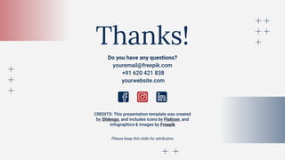 CREDITS: This presentation template was created
by Slidesgo, and includes icons by Flaticon, and
infographics & images by Freepik
Do you have any questions?
youremail@freepik.com
+91 620 421 838
yourwebsite.com
Thanks!
Please keep this slide for attribution
 