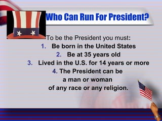 Who Can Run For President?
To be the President you must:
1. Be born in the United States
2. Be at 35 years old
3. Lived in the U.S. for 14 years or more
4. The President can be
a man or woman
of any race or any religion.
 