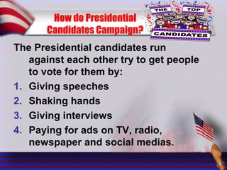 How do Presidential
Candidates Campaign?
The Presidential candidates run
against each other try to get people
to vote for them by:
1. Giving speeches
2. Shaking hands
3. Giving interviews
4. Paying for ads on TV, radio,
newspaper and social medias.
 
