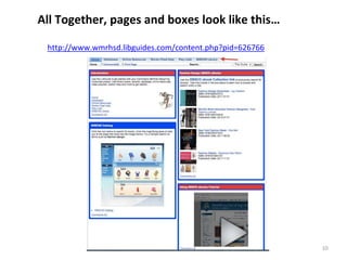 10 
All Together, pages and boxes look like this… 
http://www.wmrhsd.libguides.com/content.php?pid=626766 
 