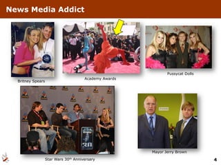 News Media Addict




                                                               Pussycat Dolls
                                       Academy Awards
  Britney Spears




                                                        Mayor Jerry Brown

                   Star Wars 30th Anniversary                                   4
 