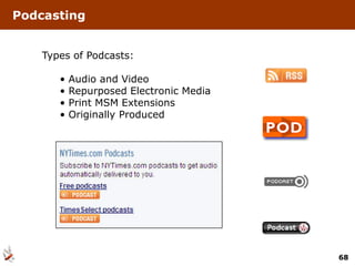 Podcasting


    Types of Podcasts:

       •   Audio and Video
       •   Repurposed Electronic Media
       •   Print MSM Extensions
       •   Originally Produced




                                         68
 